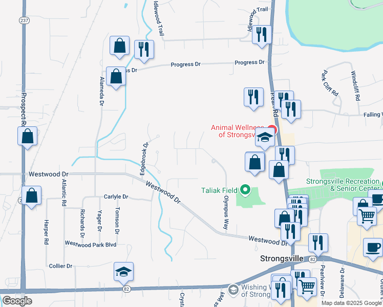 map of restaurants, bars, coffee shops, grocery stores, and more near 12707 Doria Court in Strongsville