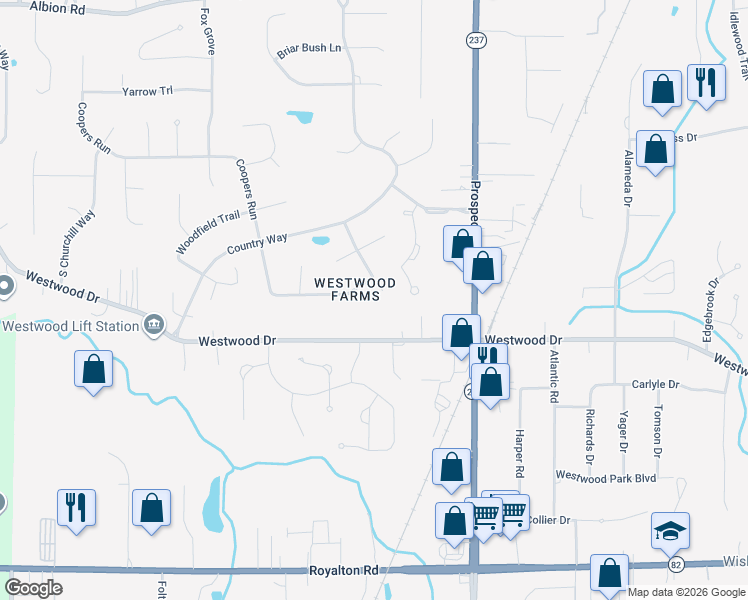 map of restaurants, bars, coffee shops, grocery stores, and more near 21444 Westwood Drive in Strongsville