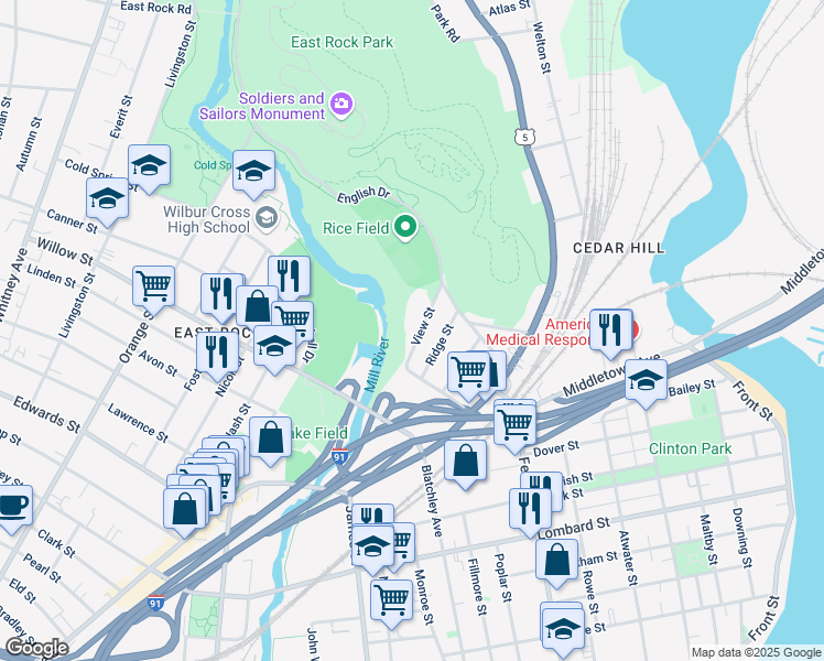 map of restaurants, bars, coffee shops, grocery stores, and more near 26 Ridge Street in New Haven
