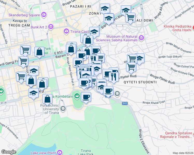 map of restaurants, bars, coffee shops, grocery stores, and more near Rruga Nasi Pavllo in Tirana