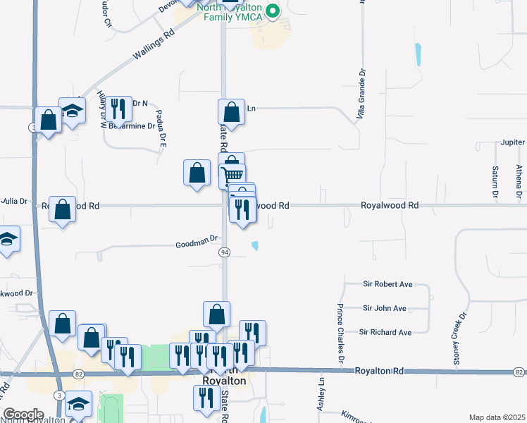 map of restaurants, bars, coffee shops, grocery stores, and more near 5301 Royalwood Road in North Royalton