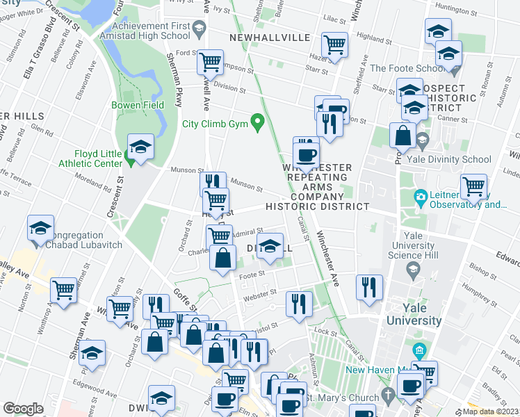 map of restaurants, bars, coffee shops, grocery stores, and more near 50 Henry Street in New Haven