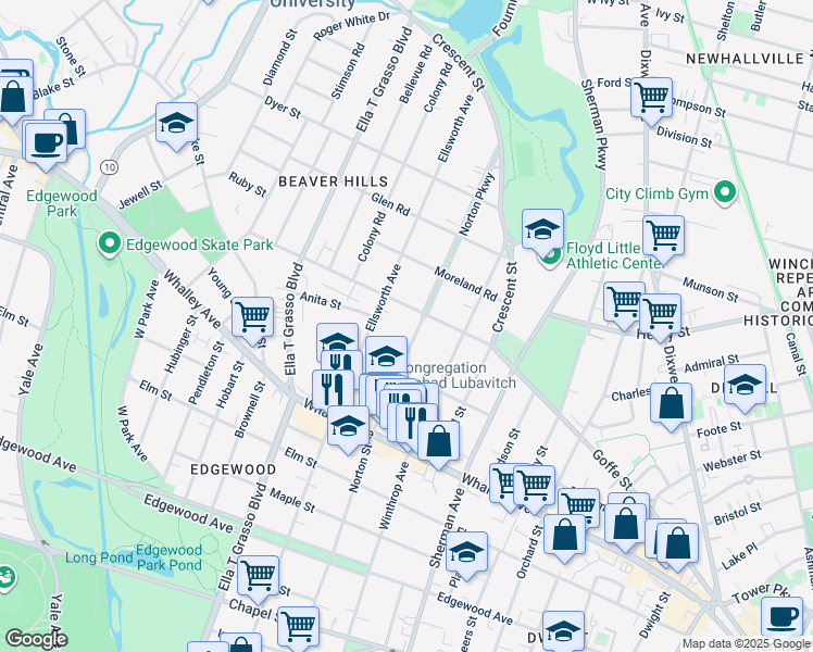 map of restaurants, bars, coffee shops, grocery stores, and more near 342 Norton Street in New Haven