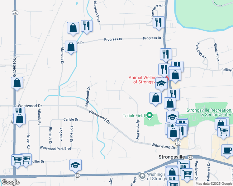 map of restaurants, bars, coffee shops, grocery stores, and more near 12707 Doria Court in Strongsville