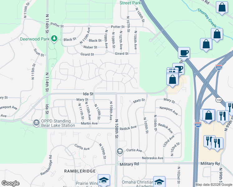 map of restaurants, bars, coffee shops, grocery stores, and more near North 108th Street & Ida Street in Omaha