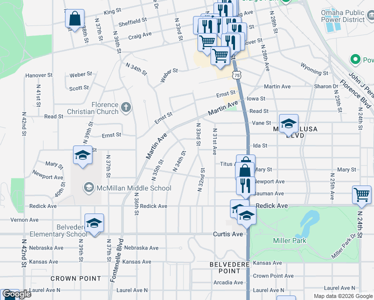 map of restaurants, bars, coffee shops, grocery stores, and more near 6724 North 34th Street in Omaha