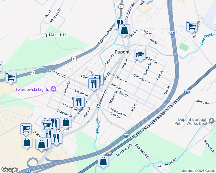 map of restaurants, bars, coffee shops, grocery stores, and more near Chestnut Street in Dupont