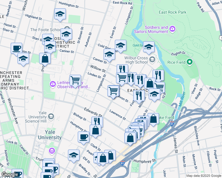 map of restaurants, bars, coffee shops, grocery stores, and more near 730 Orange Street in New Haven