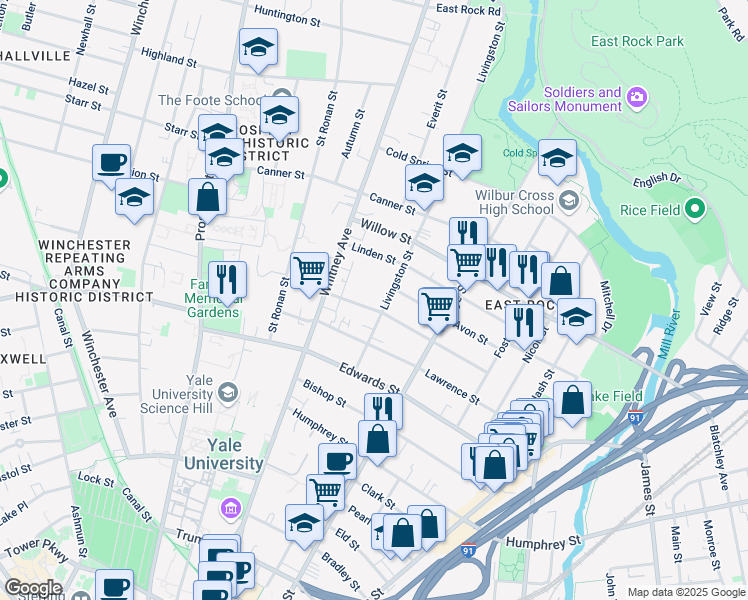 map of restaurants, bars, coffee shops, grocery stores, and more near 235 Lawrence Street in New Haven