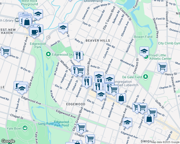 map of restaurants, bars, coffee shops, grocery stores, and more near 1510 Ella T Grasso Boulevard in New Haven