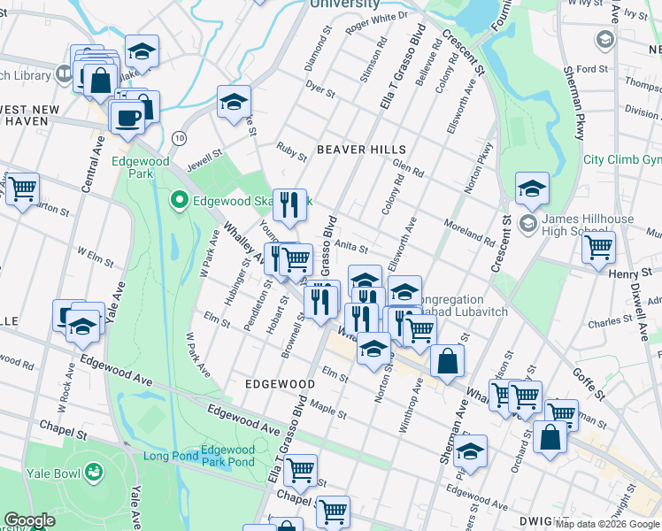 map of restaurants, bars, coffee shops, grocery stores, and more near 1510 Ella T Grasso Boulevard in New Haven