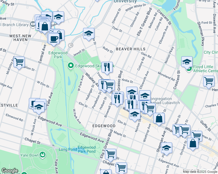 map of restaurants, bars, coffee shops, grocery stores, and more near 551 Whalley Avenue in New Haven