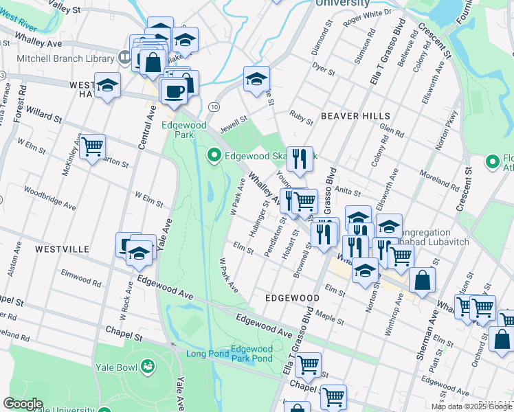 map of restaurants, bars, coffee shops, grocery stores, and more near 112 Hubinger Street in New Haven