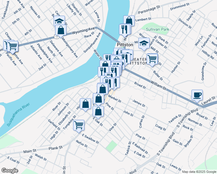 map of restaurants, bars, coffee shops, grocery stores, and more near 82 South Main Street in Pittston