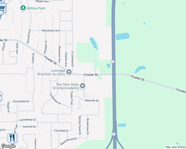 map of restaurants, bars, coffee shops, grocery stores, and more near 3080 Fowler Street in Cortland