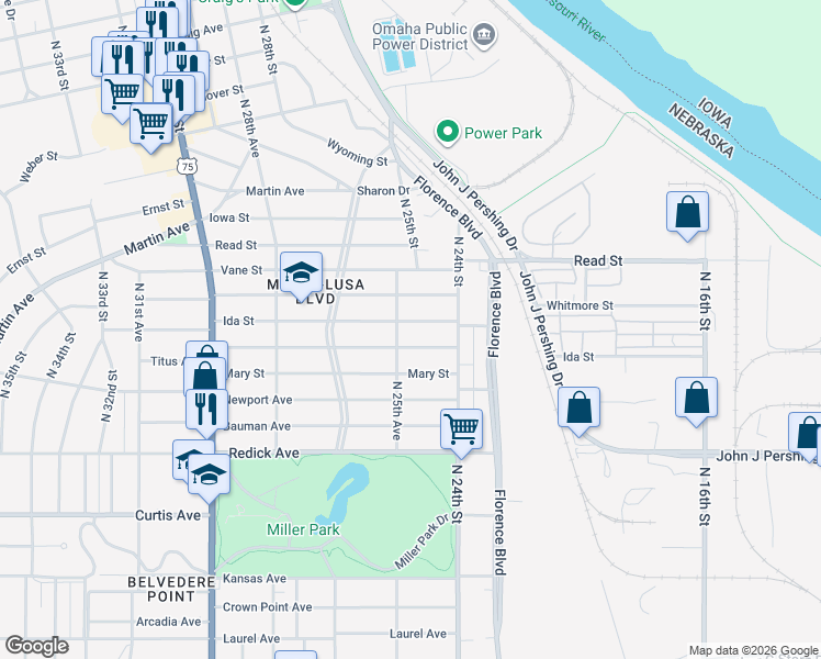 map of restaurants, bars, coffee shops, grocery stores, and more near 2447 Titus Avenue in Omaha