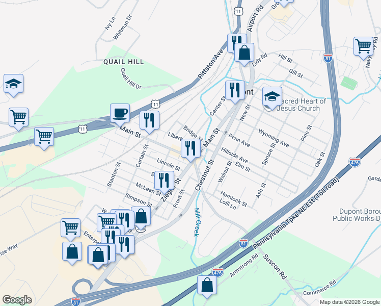 map of restaurants, bars, coffee shops, grocery stores, and more near 322 Main Street in Dupont
