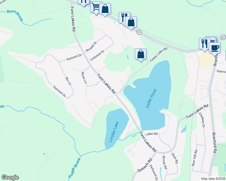 map of restaurants, bars, coffee shops, grocery stores, and more near 150 Twin Lakes Road in North Branford