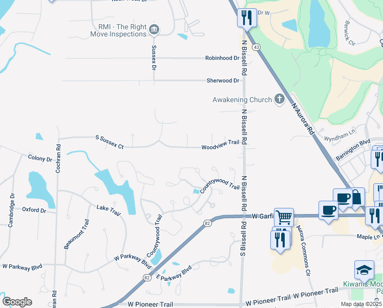map of restaurants, bars, coffee shops, grocery stores, and more near 126 Crystal Lane in Aurora
