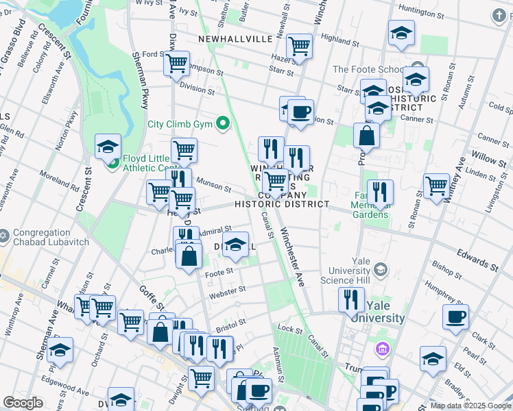 map of restaurants, bars, coffee shops, grocery stores, and more near 222 Canal Street in New Haven