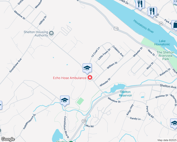 map of restaurants, bars, coffee shops, grocery stores, and more near 115 Meadow Street in Shelton