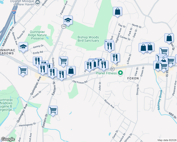 map of restaurants, bars, coffee shops, grocery stores, and more near 42 Michael Street in East Haven