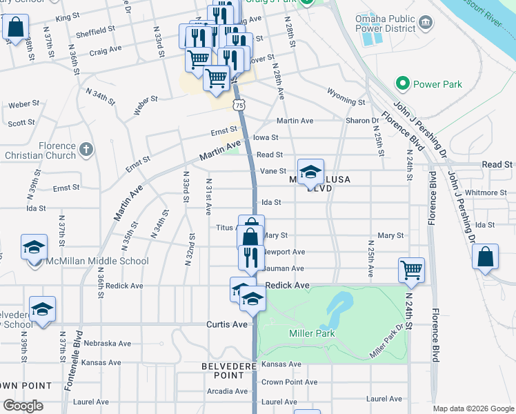 map of restaurants, bars, coffee shops, grocery stores, and more near in Omaha