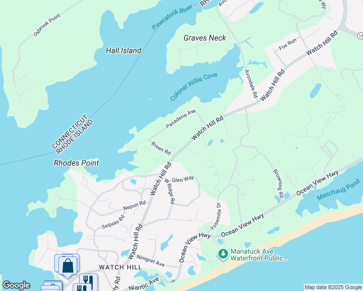 map of restaurants, bars, coffee shops, grocery stores, and more near 193 Watch Hill Road in Westerly