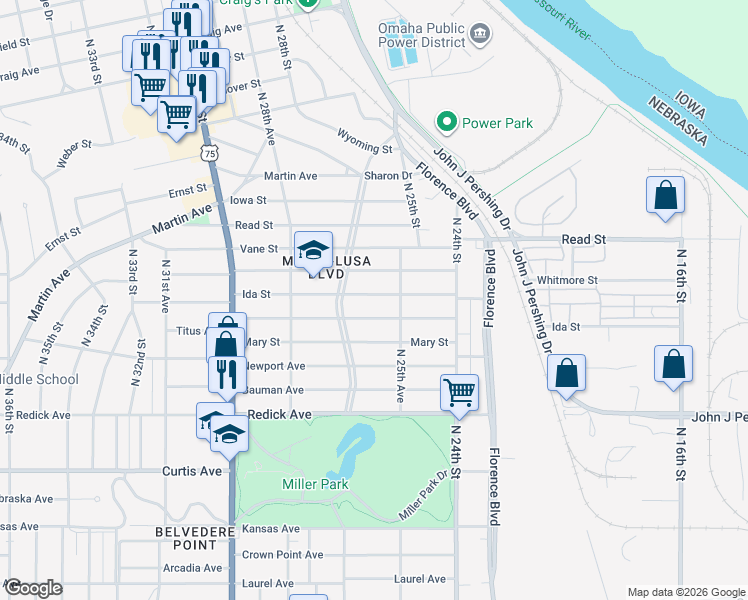 map of restaurants, bars, coffee shops, grocery stores, and more near 2573 Whitmore Street in Omaha