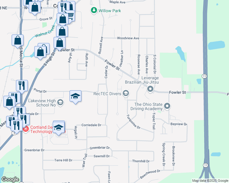 map of restaurants, bars, coffee shops, grocery stores, and more near 300 Maplewood Drive in Cortland