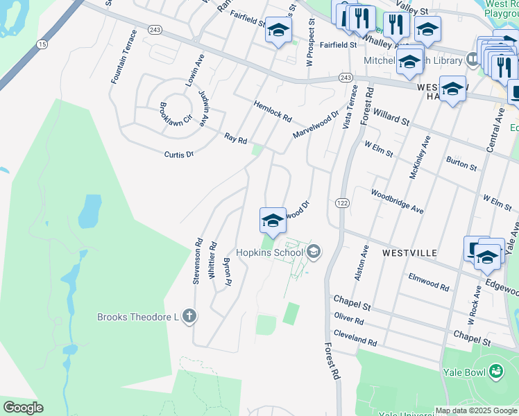 map of restaurants, bars, coffee shops, grocery stores, and more near 230 Knollwood Drive in New Haven
