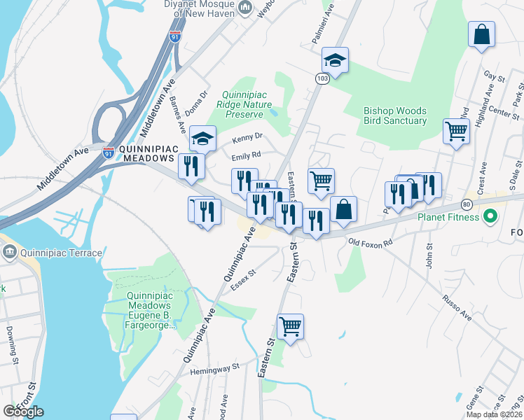 map of restaurants, bars, coffee shops, grocery stores, and more near Quinnipiac Avenue in New Haven