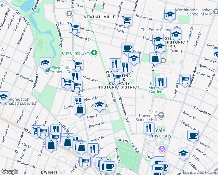 map of restaurants, bars, coffee shops, grocery stores, and more near 290 Winchester Avenue in New Haven