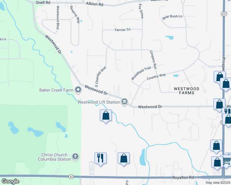map of restaurants, bars, coffee shops, grocery stores, and more near 22558 Westwood Drive in Strongsville