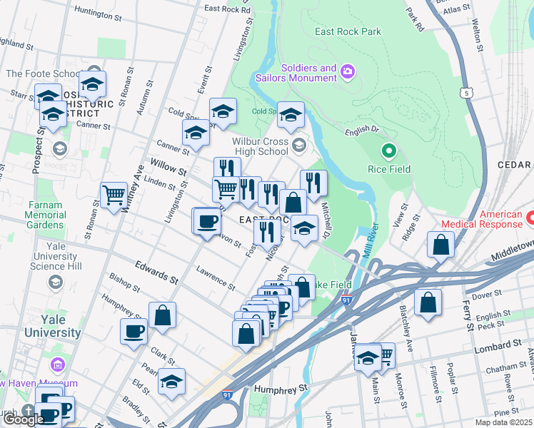 map of restaurants, bars, coffee shops, grocery stores, and more near 167 Willow Street in New Haven
