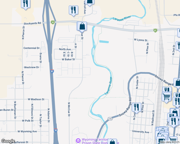 map of restaurants, bars, coffee shops, grocery stores, and more near 1075 North McCue Street in Laramie