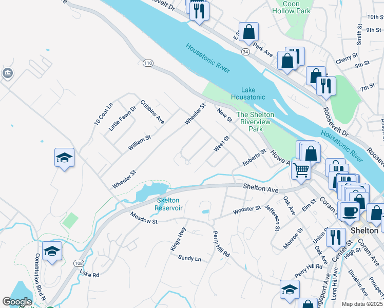 map of restaurants, bars, coffee shops, grocery stores, and more near 22 Geissler Drive in Shelton