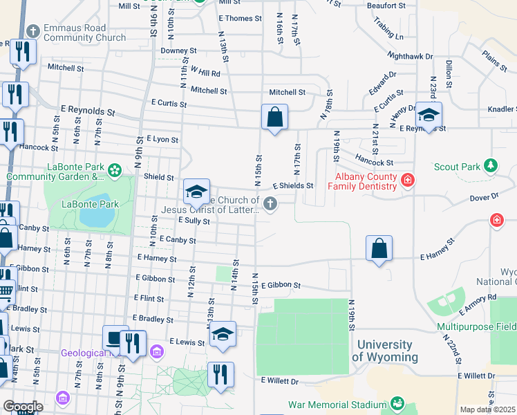 map of restaurants, bars, coffee shops, grocery stores, and more near 1414 Shield Street in Laramie