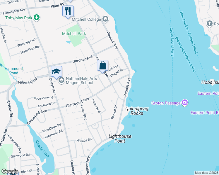 map of restaurants, bars, coffee shops, grocery stores, and more near 869 Montauk Avenue in New London