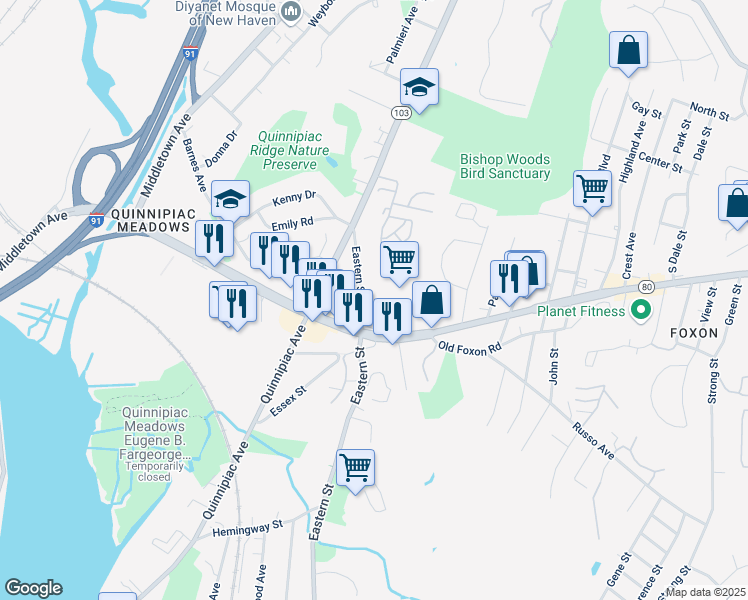 map of restaurants, bars, coffee shops, grocery stores, and more near 47 Eastern Street in New Haven
