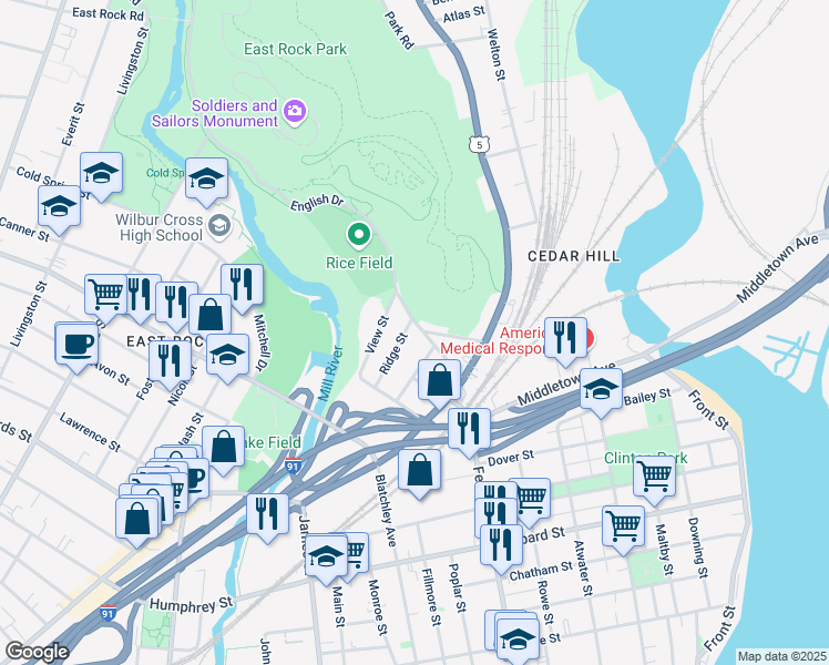 map of restaurants, bars, coffee shops, grocery stores, and more near 90 Rock Street in New Haven