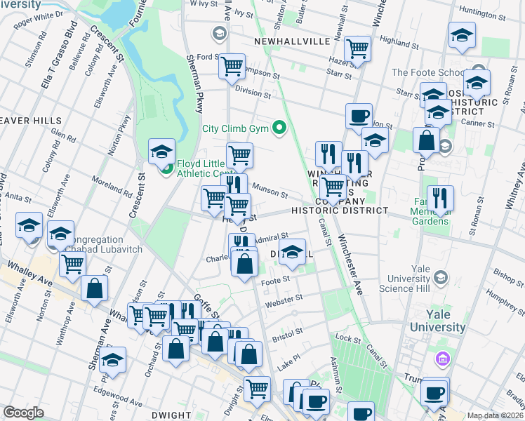 map of restaurants, bars, coffee shops, grocery stores, and more near 264 Munson Street in New Haven