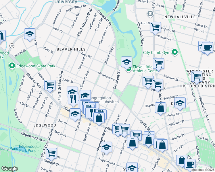 map of restaurants, bars, coffee shops, grocery stores, and more near 628 Winthrop Avenue in New Haven