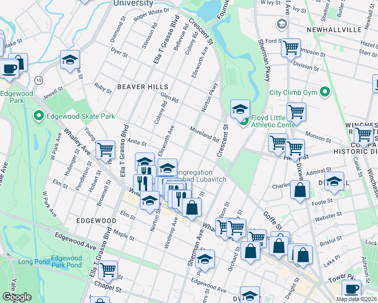 map of restaurants, bars, coffee shops, grocery stores, and more near in New Haven