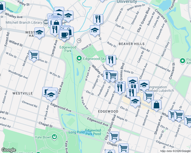 map of restaurants, bars, coffee shops, grocery stores, and more near 642 Whalley Avenue in New Haven