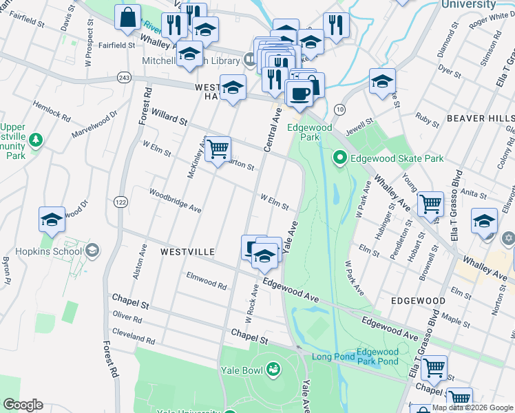 map of restaurants, bars, coffee shops, grocery stores, and more near 471 Central Avenue in New Haven