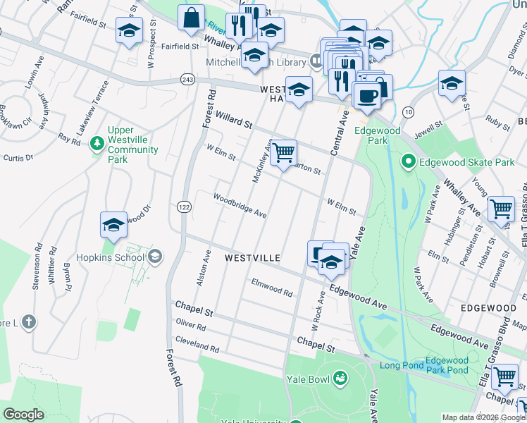 map of restaurants, bars, coffee shops, grocery stores, and more near 213 Alden Avenue in New Haven