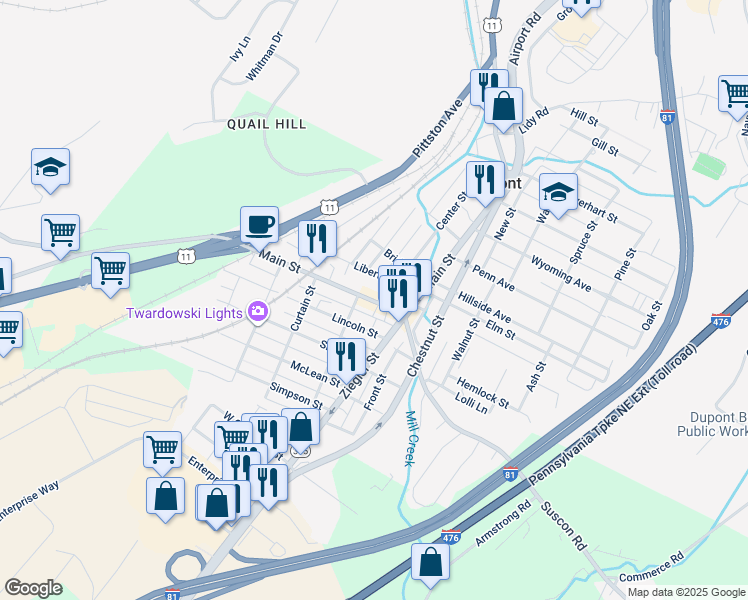 map of restaurants, bars, coffee shops, grocery stores, and more near 2-328 Liberty Street in Dupont