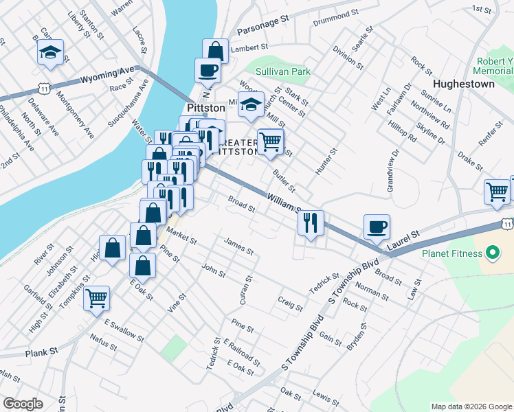 map of restaurants, bars, coffee shops, grocery stores, and more near 106 William Street in Pittston