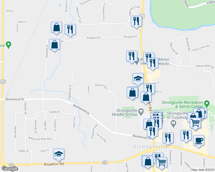 map of restaurants, bars, coffee shops, grocery stores, and more near 12335 Altis Court in Strongsville